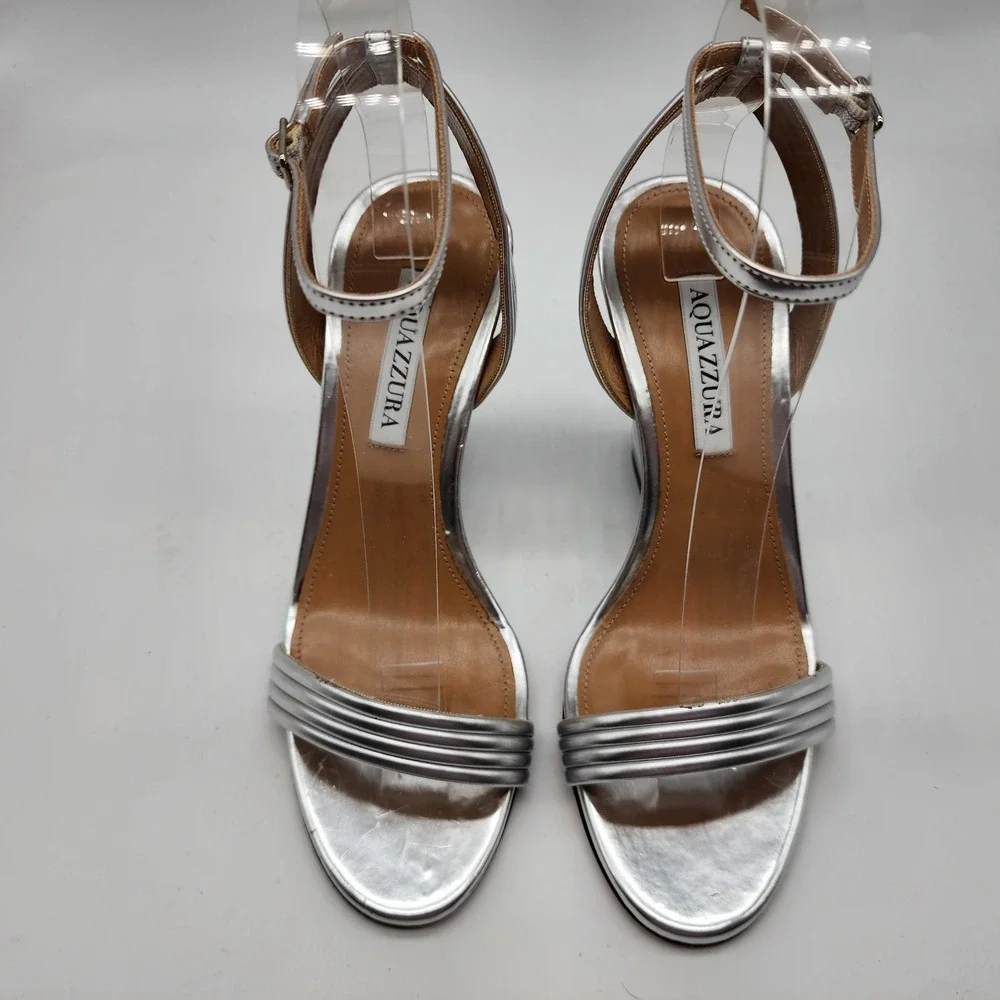 Aquazzura Wow 95 MM Metallic Silver Wedge Sandals EU 37 US 7 Ankle Strap Heels